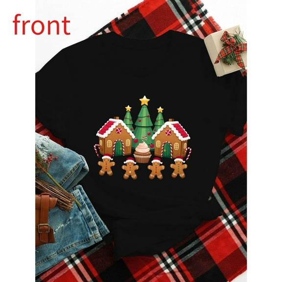 Women's Black T-Shirt Graphic Tees "Gingerbread House Christmas" Holiday Design Shirts S-5XL Casual Daily Tops