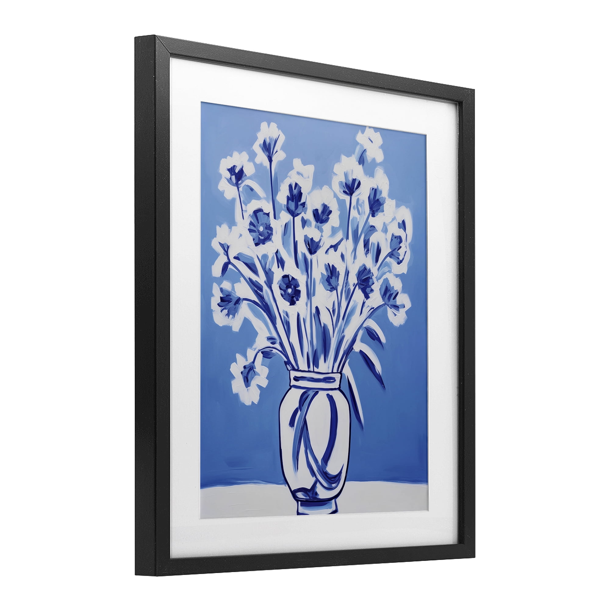 Blue & White Contrast Flowers Black Framed Print Under Glass, design by Lettered and Lined