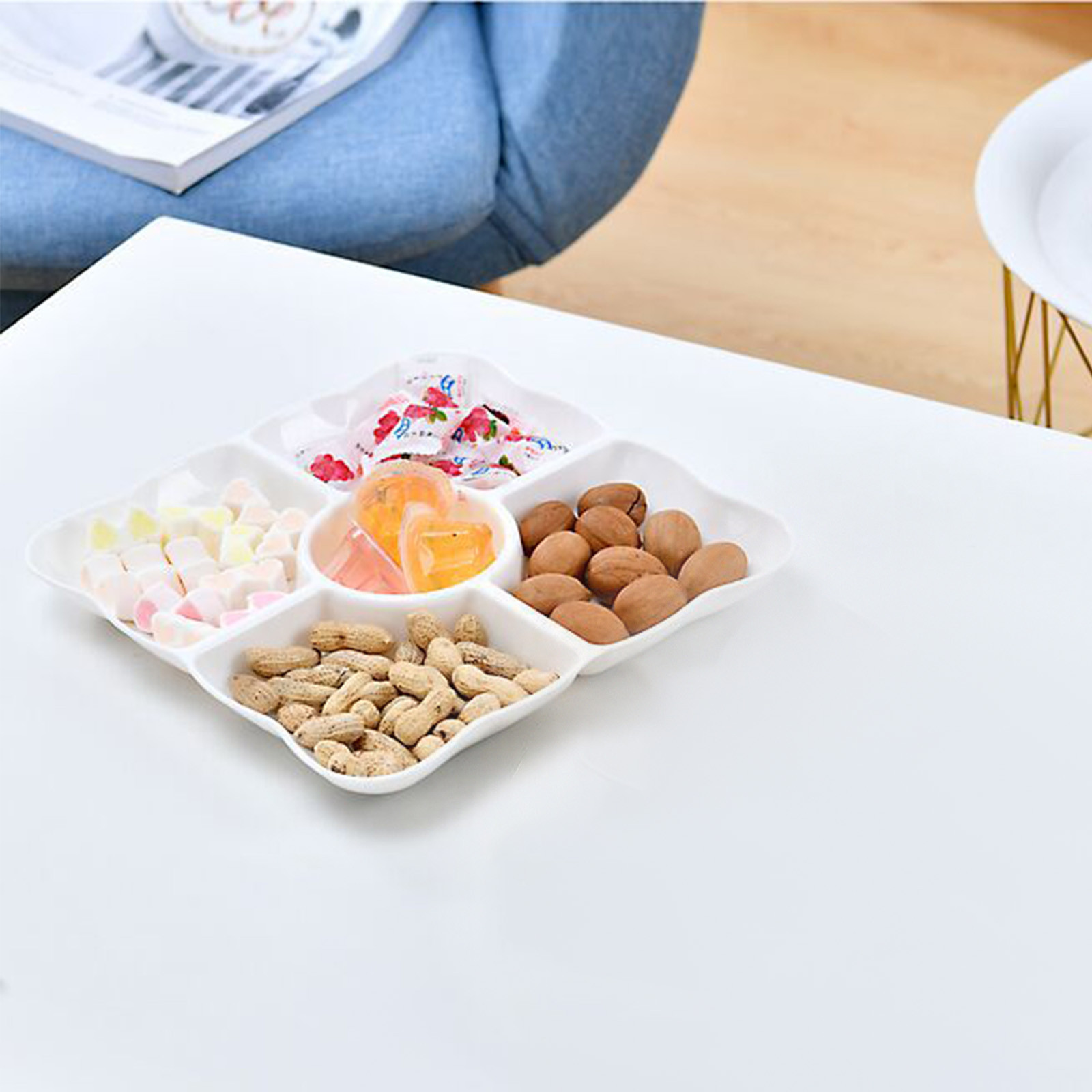 Matoen Divided Serving Dish, Appetizer Snack Tray Platter for Fruit, Veggies, Candy, Chip and Dip, Relish Tray for Christmas Thanksgiving Party, 5 Compartment, White - image 5 of 6