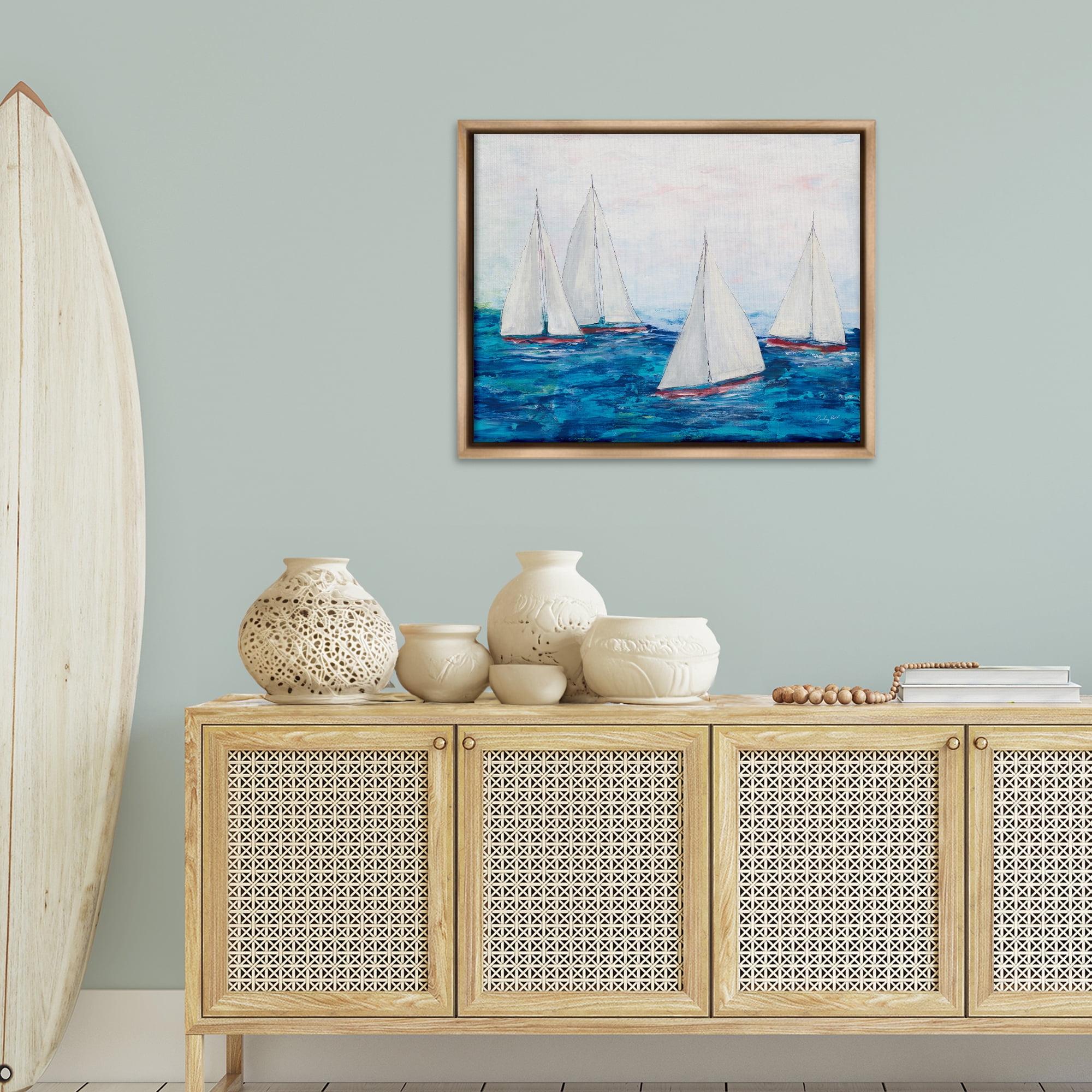 Stupell Industries Sailboat Fleet on Ocean Coastal Painting Brown Floater Framed Canvas Art Print Wall Art, 31 x 25