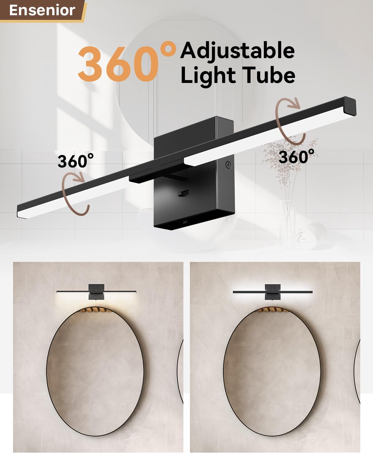 Ensenior Modern Bathroom Vanity Light 48 inch, Built-in Dimmer, 28W Dimmable 5CCT Led Bathroom Light Fixture Over Mirror, Black Bar Vanity Light for Bathroom Mirror Cabinets Bedroom-FCC Certificated