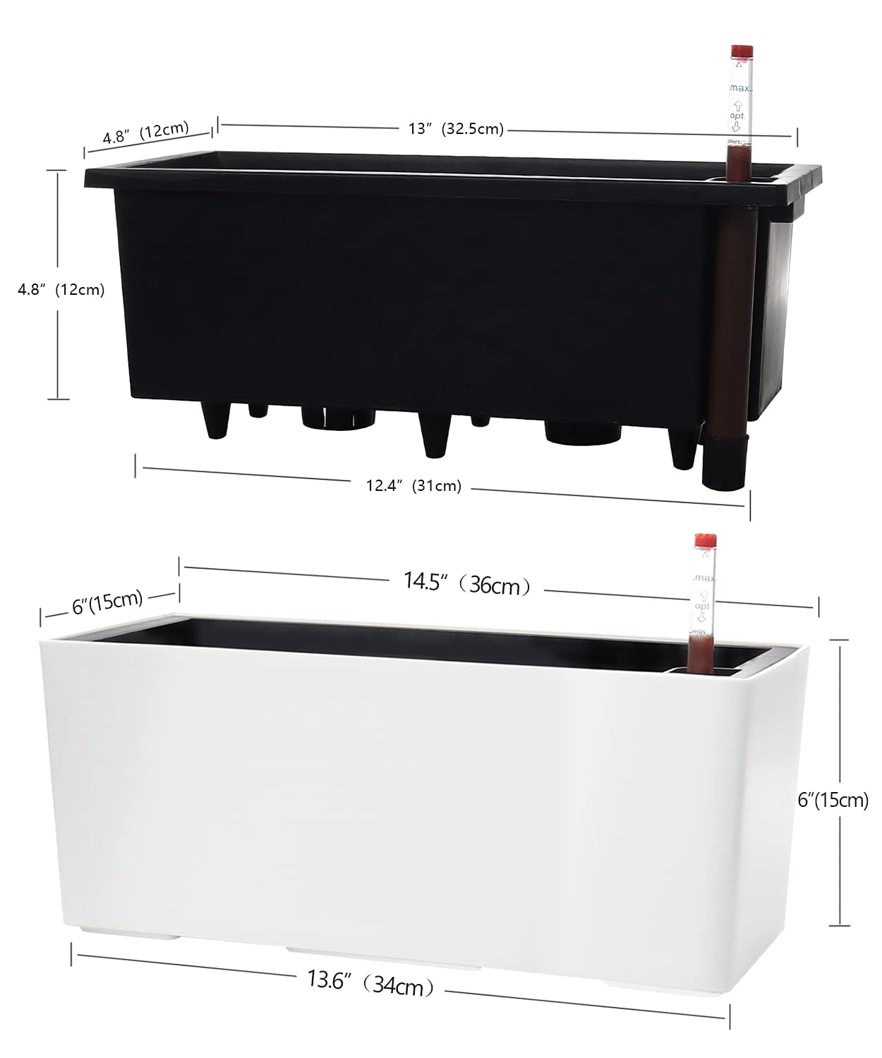 14 Inch Self Watering Planter Pot with Water Level Indicator, Rectangular Matte Plastic Window Box for Indoor Outdoor Herbs Succulents Flowers
