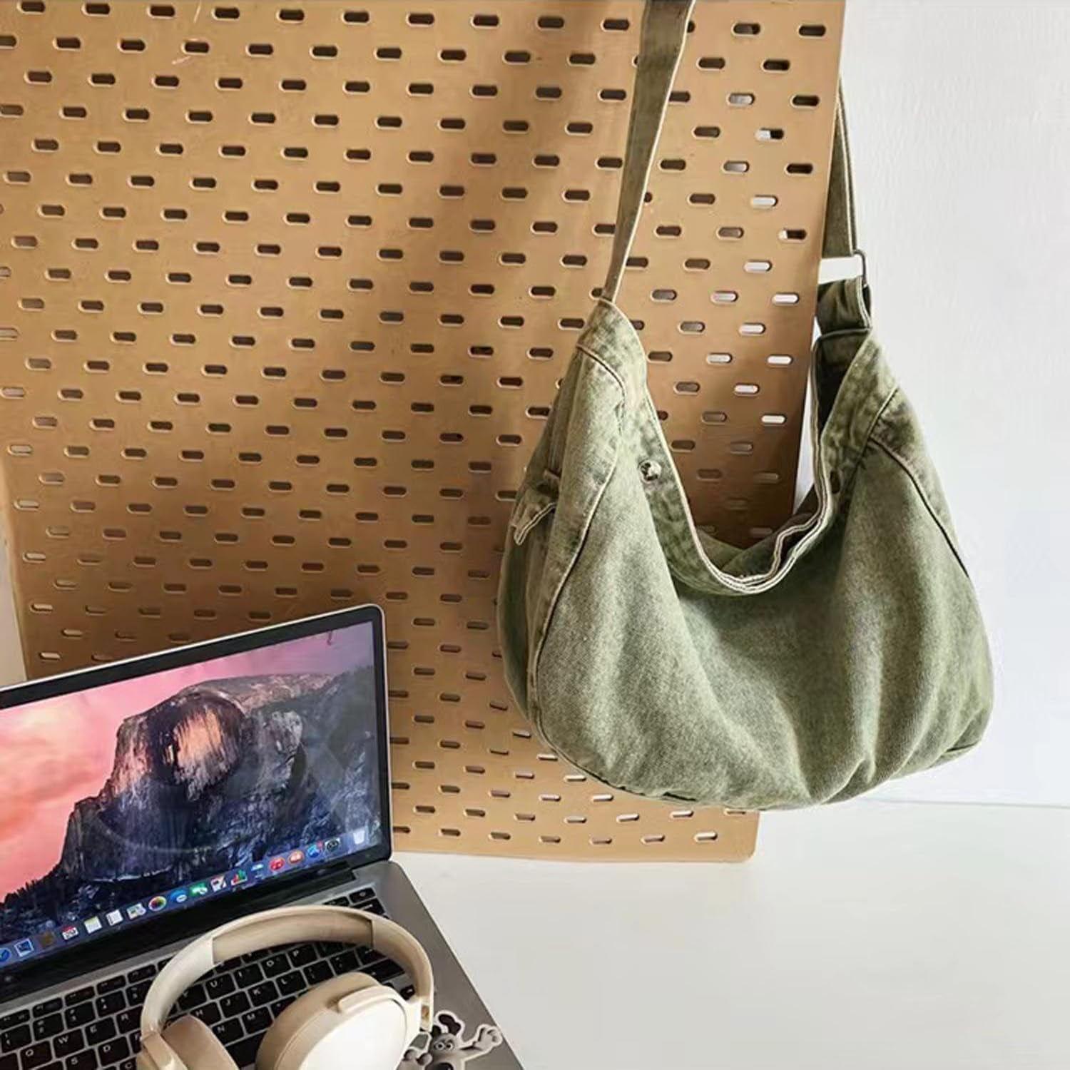 Denim Canvas Messenger Bag Large Crossbody Bag with Multiple Pockets Casual Shoulder Aesthetic Tote Bag for Women and Men