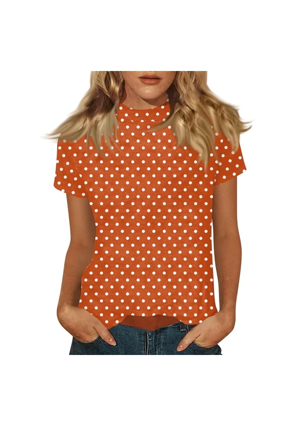 Tops for Women Mock Neck Boho Casual Printed T-Shirts Vacation Summer Blouses Short Sleeve Tops Orange 2XL