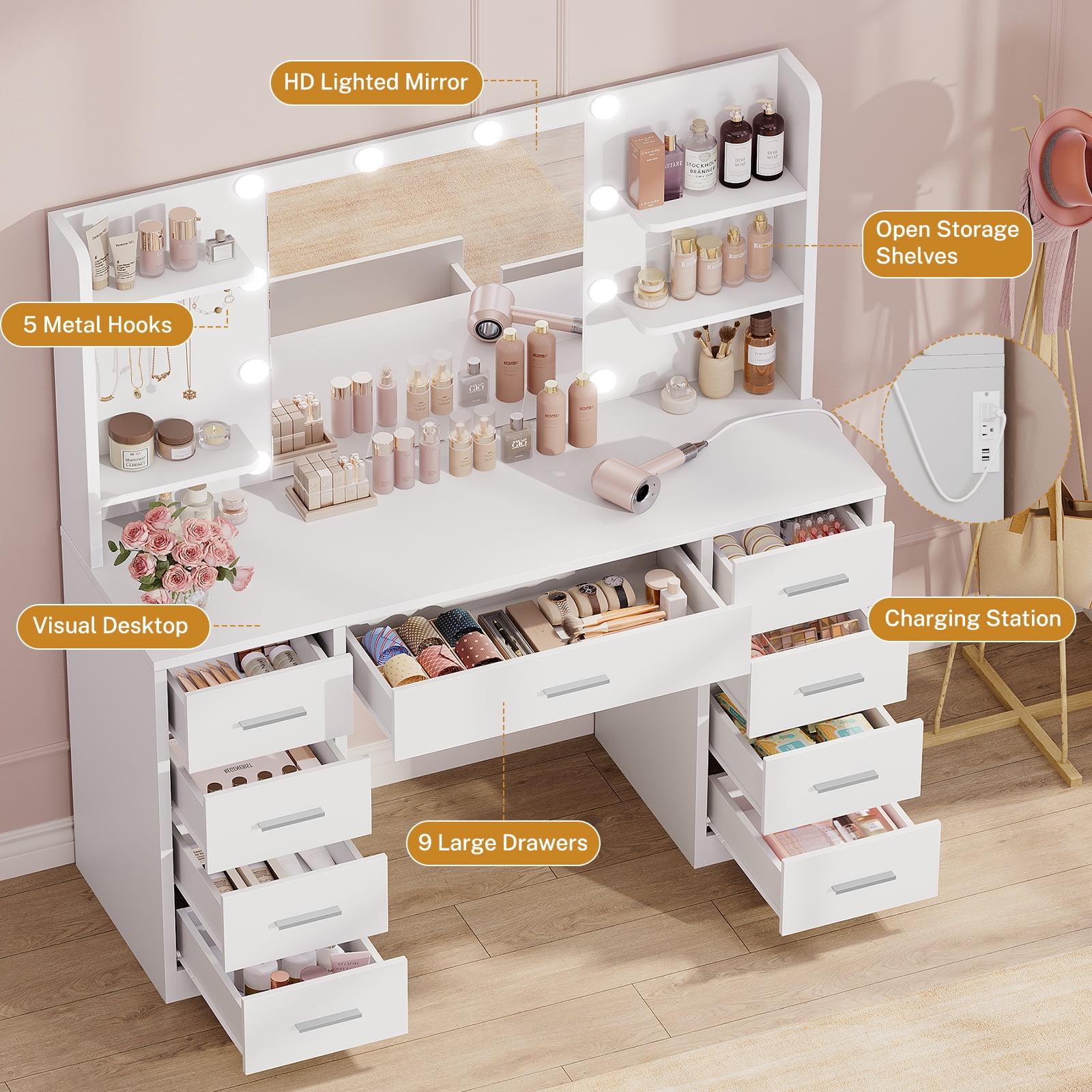 TEENFON Large Vanity Set with Mirror & Power Outlet, Makeup Vanity Desk with 9 Drawers,4 Shelves and 5 Hooks,Vanity Table for Bedroom, White