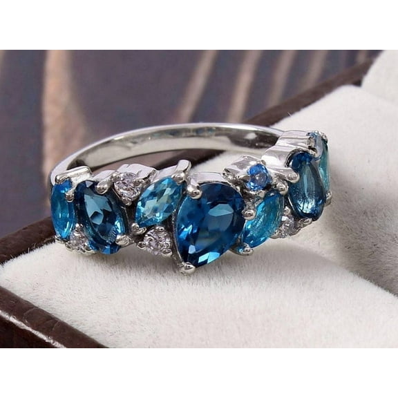 Natural London Blue & Swiss Topaz Ring Topaz Engagement Band Half Eternity Band Topaz Birthstone Ring 925Silver Band Gemstone Band Ring Gift