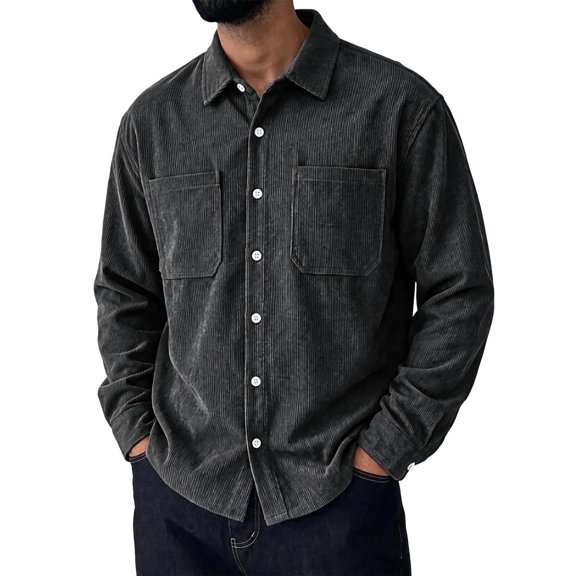 Men's Corduroy Button Down Shirt, Long Sleeve Casual Top with Chest Pockets, Relaxed Fit Overshirt