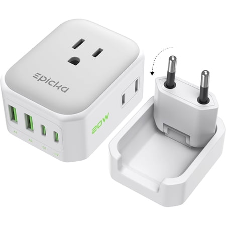 Hybrid European Travel Plug Adapter, Foldable & Detachable Type C (EU) VisaPlug, 8-IN-1 International Power Adapter with 4 USB Ports (2 USB-C PD 20W) - Travel Essentials for US to Europe, White
