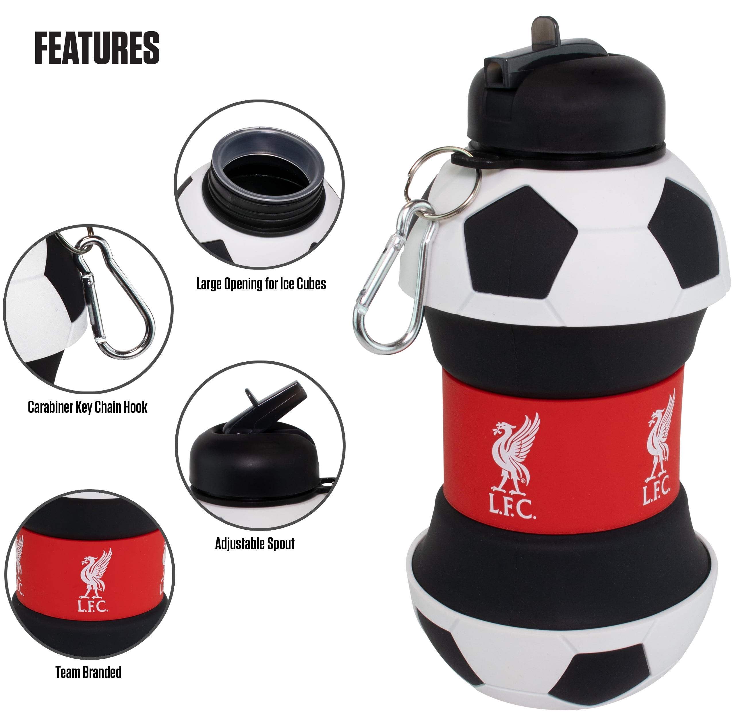 MACCABI ART Liverpool Clip-On Collapsible 1 Liter, 34 oz. size BPA-Free Silicone Soccer Large Water Bottle for Kids