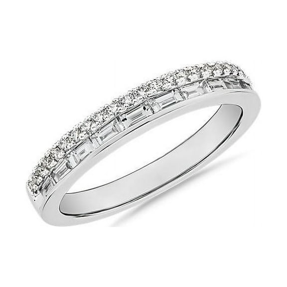 0.60 Ct VS1t Round and Baguette Cut Natural Diamond Unique Designer Eternity Band for Wedding Solid 14K White Gold Size 7