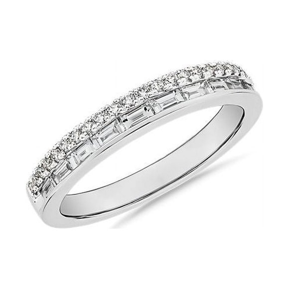 0.60 Carat Color F-G, Clarity VS1, Round and Baguette Cut Natural Diamond Unique Eternity Band for Anniversary & Wedding Solid 18K White Gold Size 4