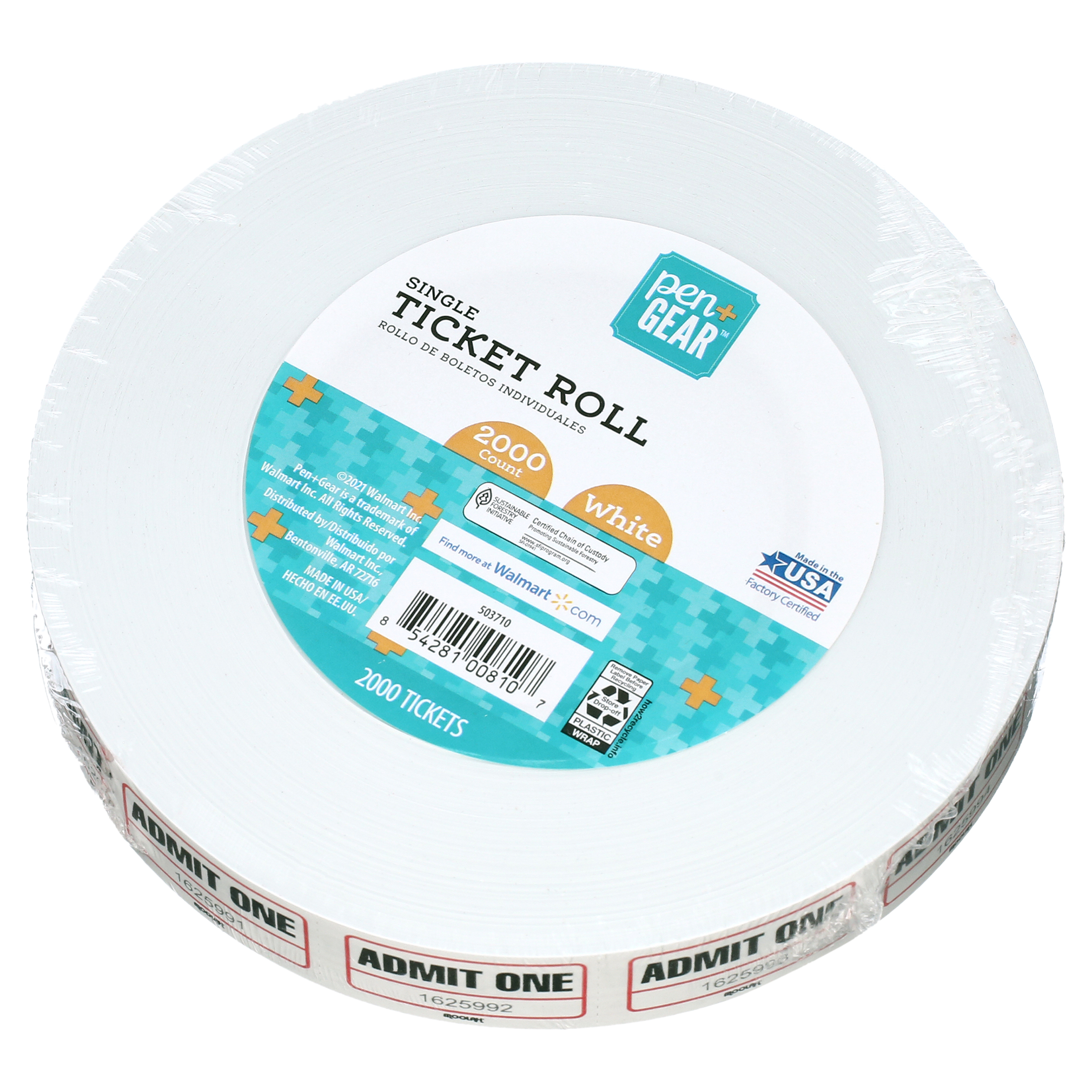 Pen+Gear White Single Raffle Ticket Roll, Numbered, 2000 Count
