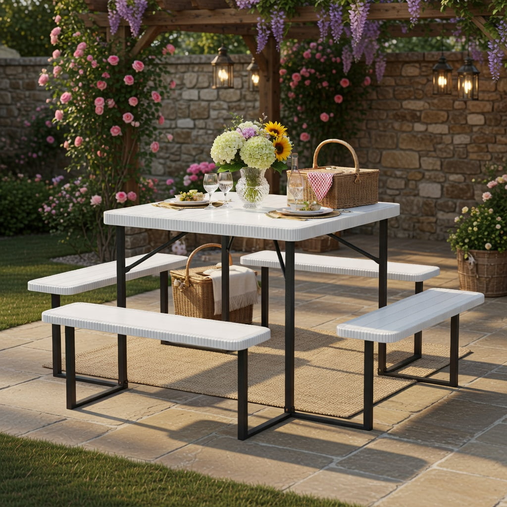 Hommoo Outdoor Square HDPE Picnic Table & Bench Set for 4–8 People, Includes Umbrella Hole & Weather-Resistant Metal Frame, White