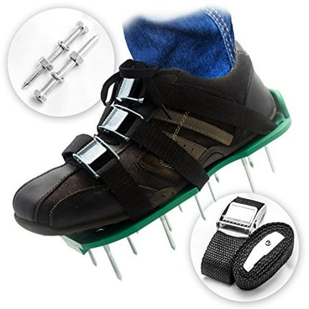 Already Assembled Lawn Aerator Shoes | Ready to Use Premium Grass Aeration Sandals with Heavy Duty Adjustable Straps Metal Buckles & Secure Steel Spikes | 4th Strap Extra Hardware &