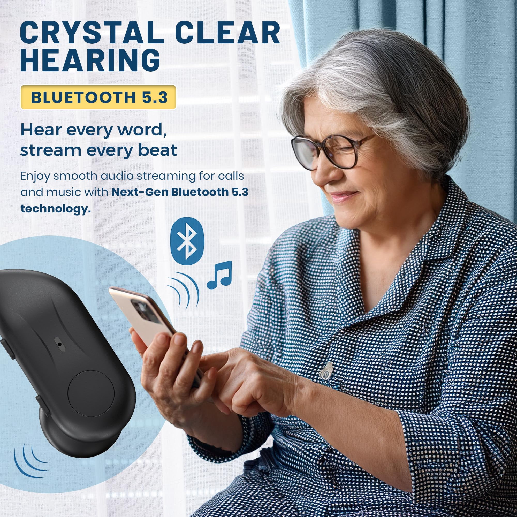 Rechargeable Bluetooth Hearing Aids for Seniors – Easy-to-Use Behind the Ear Sound Amplifier with Automatic Noise Cancelling – BTE Hearing Loss Aids for Adults Men & Women with LED Charging Case