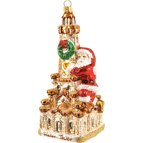 Santa on Chicago Water Tower Polish Glass Christmas Ornament Illinois Decoration