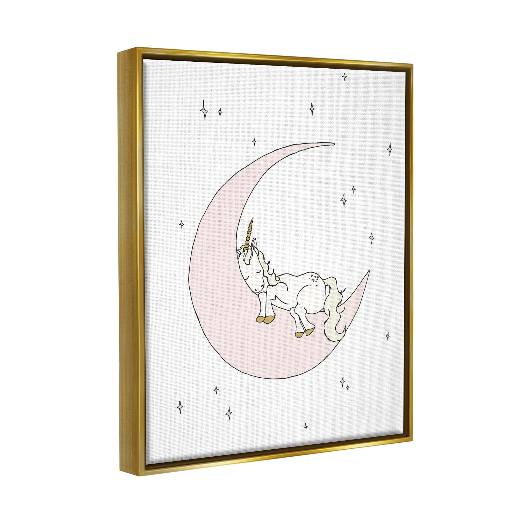 Stupell Industries Cozy Sleeping Unicorn Nighttime Moon Delicate Stars Graphic Art Metallic Gold Floating Framed Canvas Print Wall Art, Design by Sweet Melody Designs