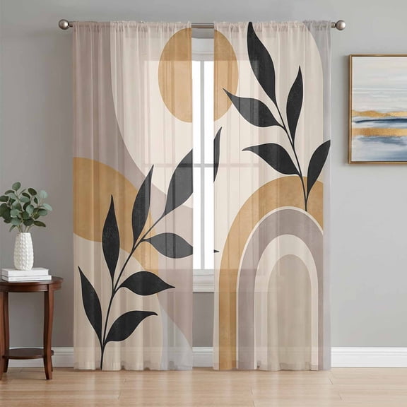 Boho Abstract Sheer Curtains 63 Inch Length 2 Panels Set, Vintage Leaves Bohemian Middle Century Voile Window Treatment Rod Pocket Curtains Sheers Drapes for Bedroom/Living Room/Kitchen 52x"63"x2