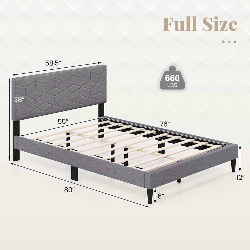 Barara King Full Size Bedroom Bed Frame with Linen Fabric Upholstered Headboard, Bed Platform Frame for Apartment, Bedroom, Gray