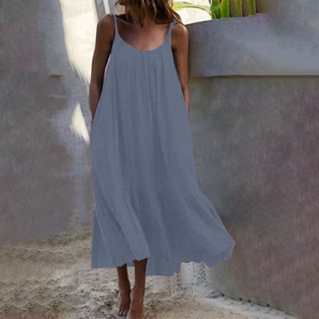 Gspmoly Robes d'Été pour Femmes, Robe Maxi d'Été pour Femmes Décontractée Bohème Sans Manches à Bretelles Spaghetti Smockée à Volants Longue de Plage pour le Soleil Robes de Soirée pour Femmes Liquidation
