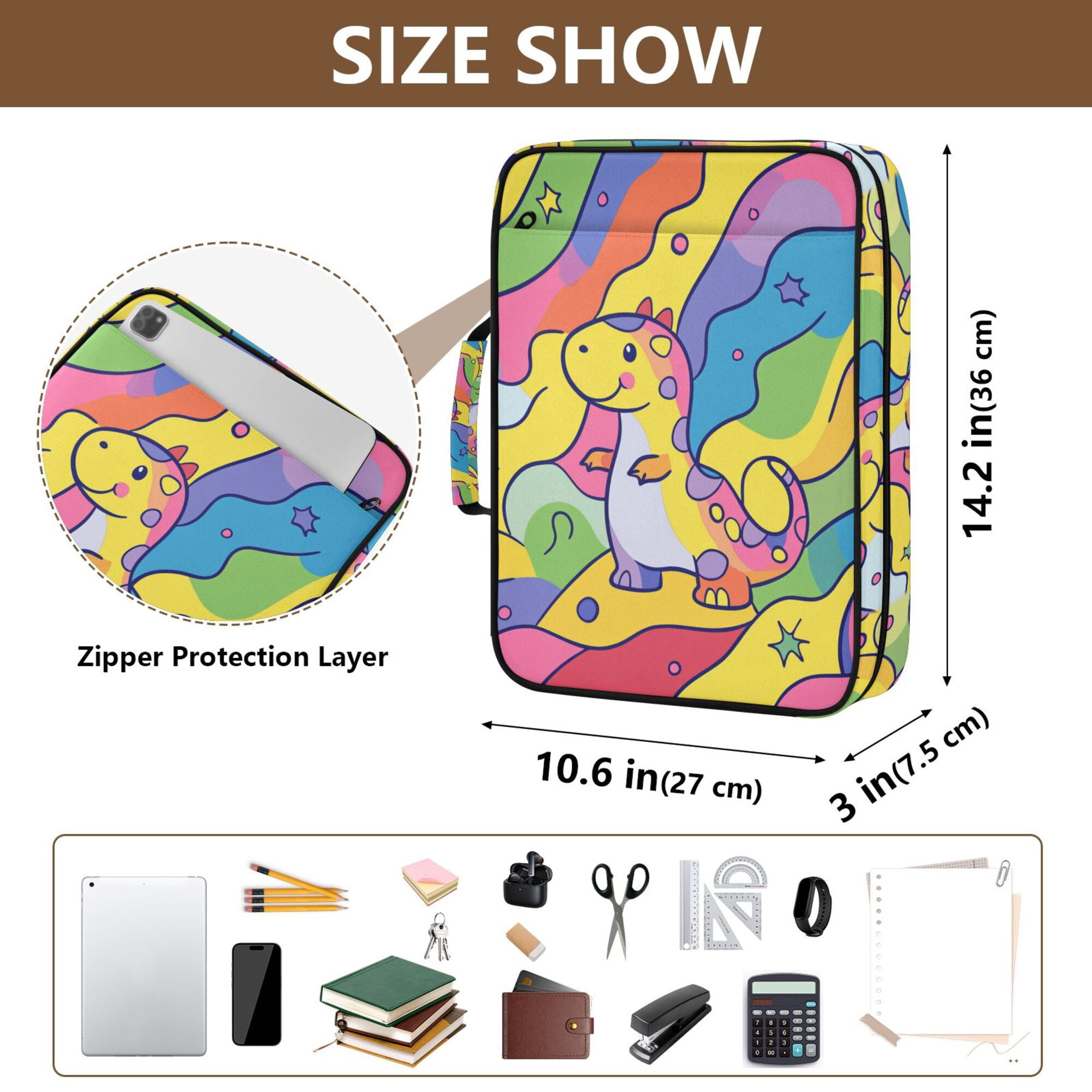 FORMRS Accordion File Folder A4 Size 7-Pocket Expanding Document Organizer Bag with 3 Ring Binder, Vibrant Dinosaur