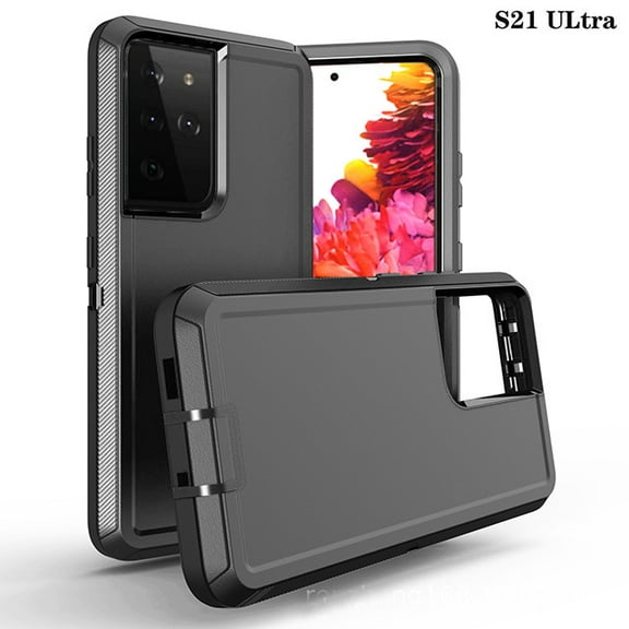 Heavy Duty Hybrid Defender Rugged Case for Samsung Galaxy S21 Ultra with Holster Belt Clip - Black/Black