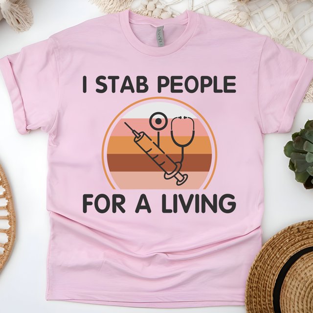 Funny Nurse Graphic T-Shirt with Syringe and Stethoscope Design, Light Pink, Size L