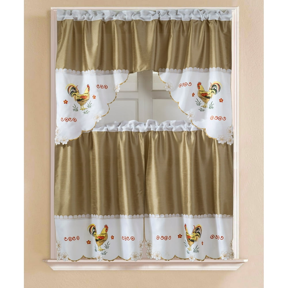 Vintage Rooster Faux Silk Tier and Swag Kitchen Curtain Set Walmart