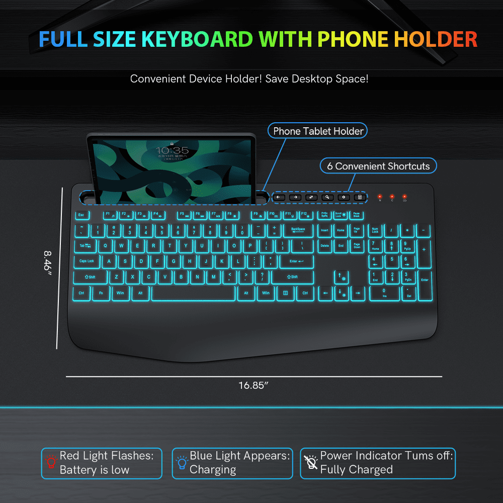 Wagpak Wireless Keyboard 7 Color Backlit Wrist Rest Rechargeable 112 Keys Quiet Keyboard