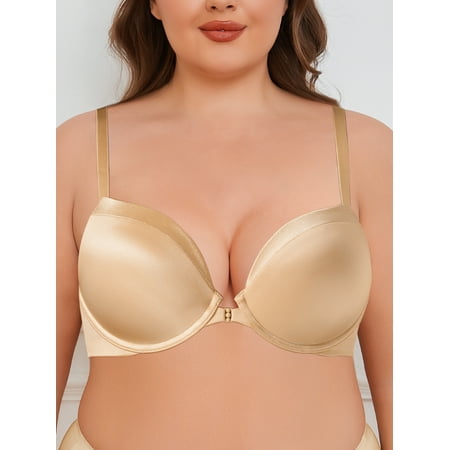 Deyllo Women s Push Up T-Shirt Bras Full Cup Padded Plunge Underwire Support Lift Up Add One Cup Seamless Bra Nude 38DD
