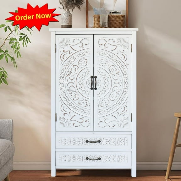 Tcbosik Small Storage Cabinet, 27 inch Accent Cabinet with 2 Doors and 2 Drawers, Buffet Sideboard with Drawers, Cupboard for Kitchen, Dining Room, Living Room, Easy Assembly, Natural White