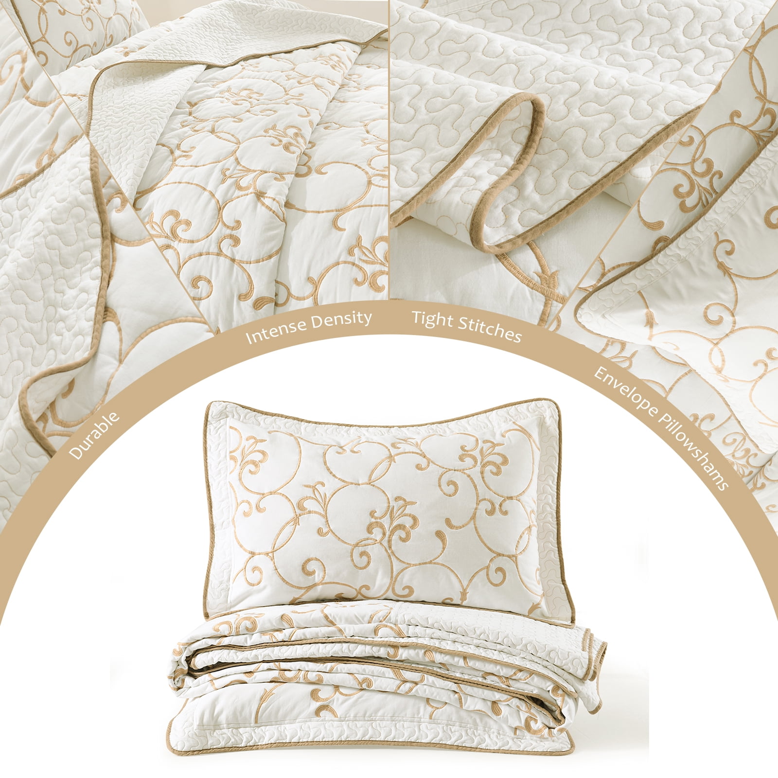 DUOHONG King Bedspread 120"W x 120"L - 100% Cotton Reversible Lightweight Oversized Quilt with 2 Pillow Shams, Beige/White