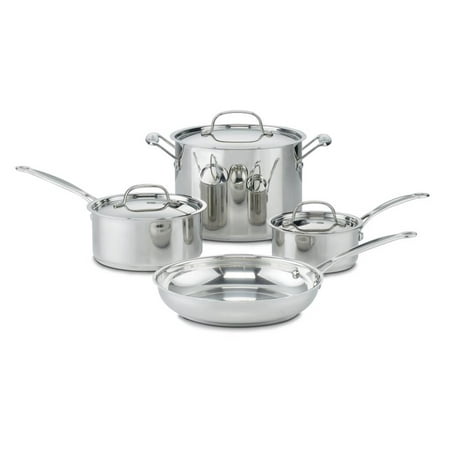 Cuisinart Stainless Steel 7-Piece Cookware Set, Mirror Finish with Aluminum Base for Even Heating, Features Cool Grip Riveted Handles, with Drip-Free Pouring and Flavor Lock Lids, Dishwasher