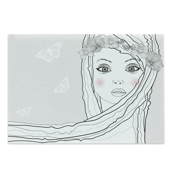 Teen Room Cutting Board, Face Young Girl with Floral Wreath on Hair and Butterfly Design, Decorative Tempered Glass Cutting and Serving Board, Large Size, White Black Pearl, by Ambesonne