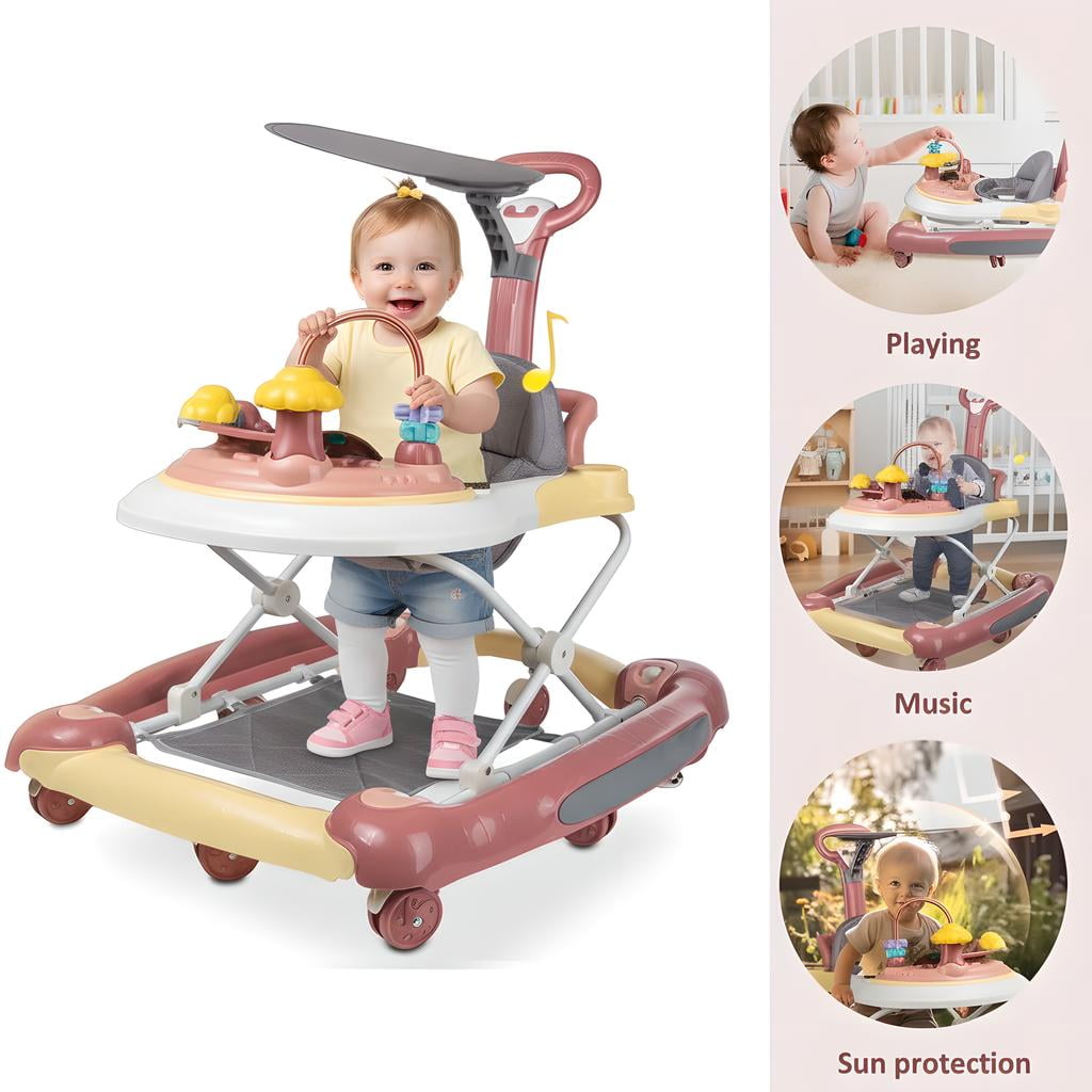 JieC 5-in-1 Baby Walker with Wheels,Infant Toddler Walkers Bouncer for Boys Girls,Pink