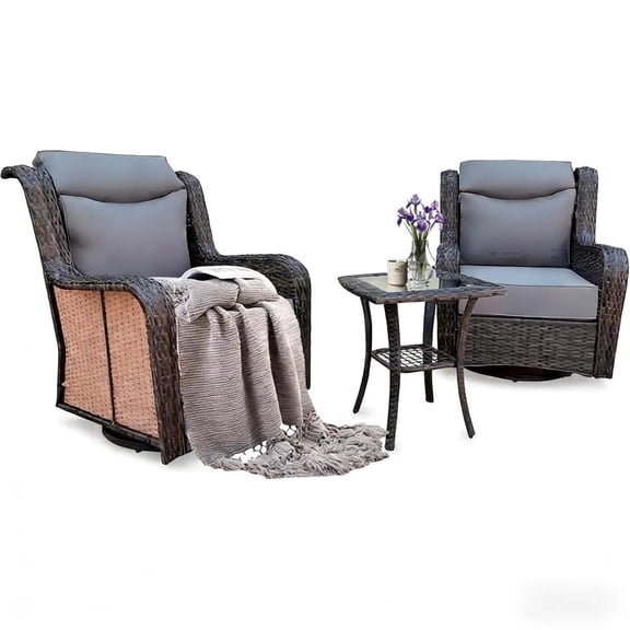 Rtbackyards 3-Piece Wicker Outdoor Swivel Glider Chair Set with Side Table, Weather-Resistant Patio Furniture