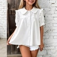 thumbnail image 2 of SERTG Girls Peter Pan Collar Blouse Ruffle Puff Sleeve Short Sleeve Button Up Cotton Shirt Casual School Uniform Top For Girls Daily Wear, 2 of 9