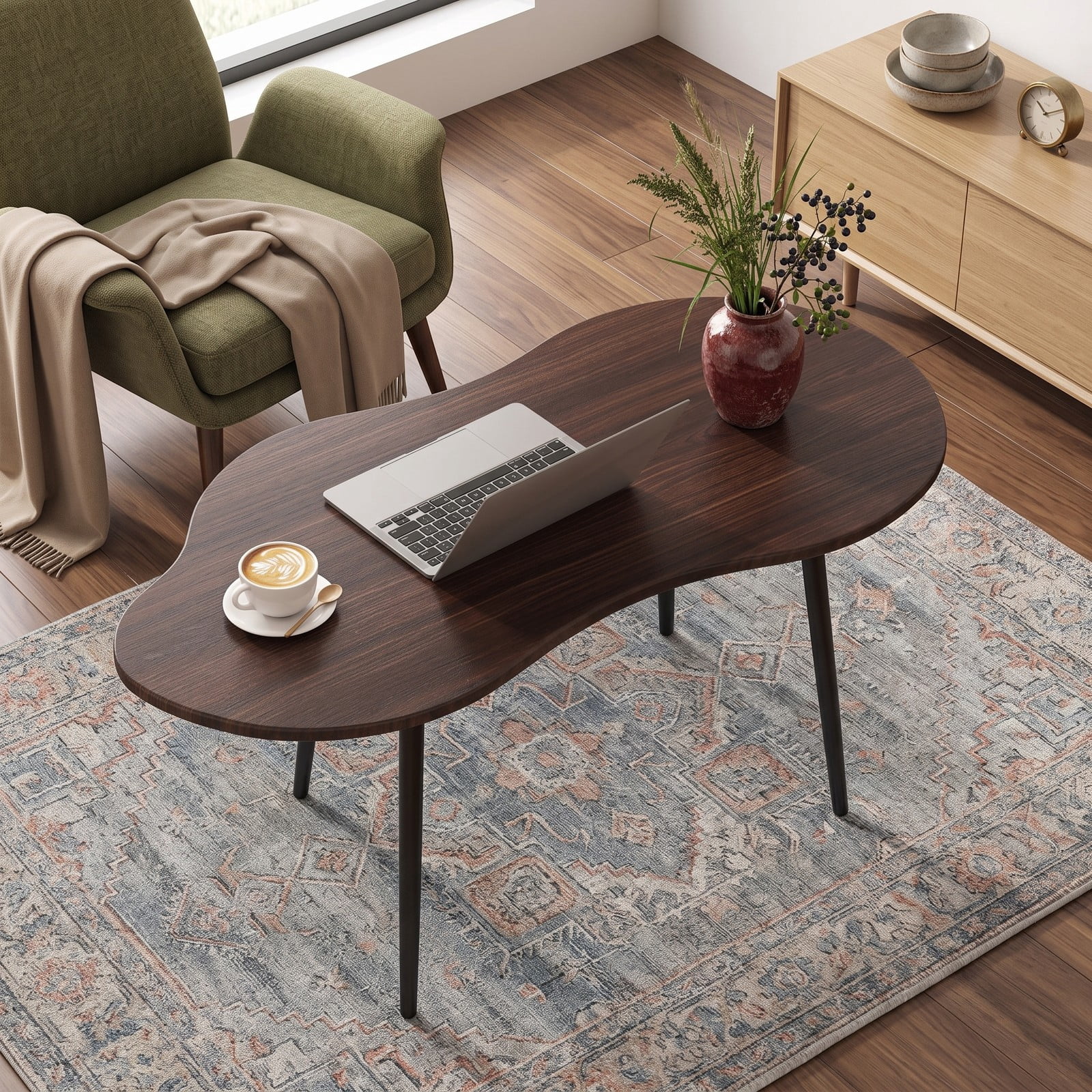Furnibear Cloud Shape Coffee Table, 39.5 Inch Irregular Free Form Center Table with Heavy-Duty Metal Frame, Wide Wood Tabletop Accent Sofa Side Table for, Walnut