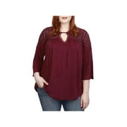 Lucky Brand Womens Plus Embroidered Keyhole Peasant Top Purple 2X