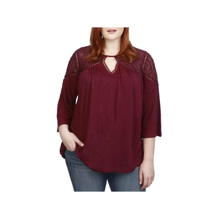 Lucky Brand Womens Plus Embroidered Keyhole Peasant Top Purple 2X