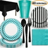 Disposable Tableware, 40 Sets - Caribbean Teal and Midnight Black - Scallop Dinner Plates, Striped Dessert Plates, Cups, Lunch Napkins, Cutlery, and Tablecloths:  Party Supplies Set