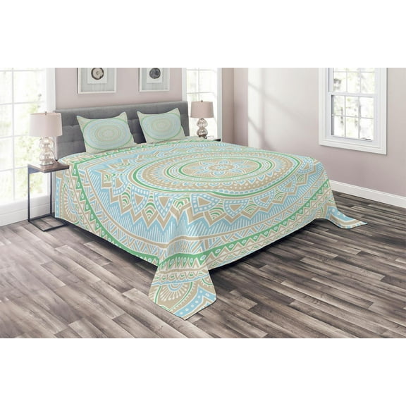 Ambesonne Mandala Quilted Coverlet 3 Pcs, Oriental Motif Pastel Tone, Queen Size, Pale Blue Pale Sepia