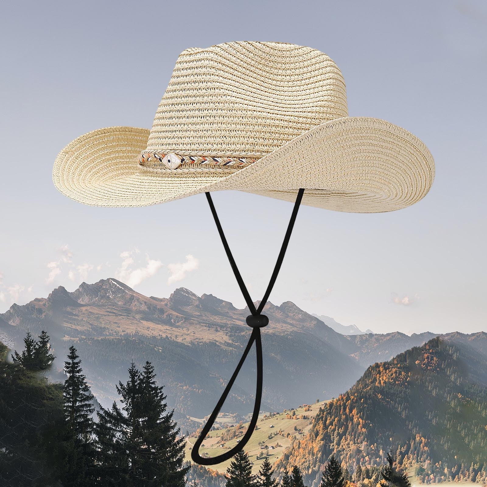 Synthetic Straw Cowboy Hat with Adjustable Band for Outdoor Activities TOVINANNA Classic Straw Cowboy Hat Wide Brim Hat for Men  main image 2
