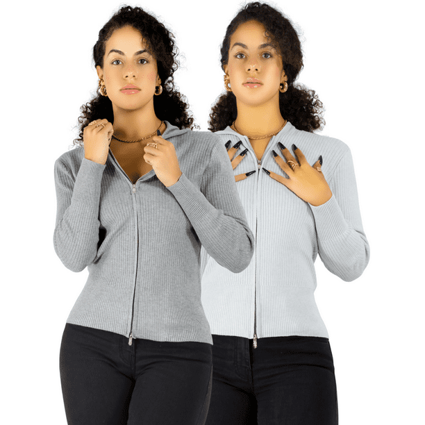 Set De Dos Suéteres Cárdigan De Manga Larga Cuello Cierre y Capucha Casual Mujer Sweater