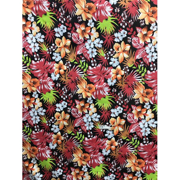Sal Tex Fabrics , Tissu en Polycoton Imprimé Fleurs Hawaïennes, Vendu au Mètre, Toutes avec des Couleurs de Fond Différentes (Noir/rouge)