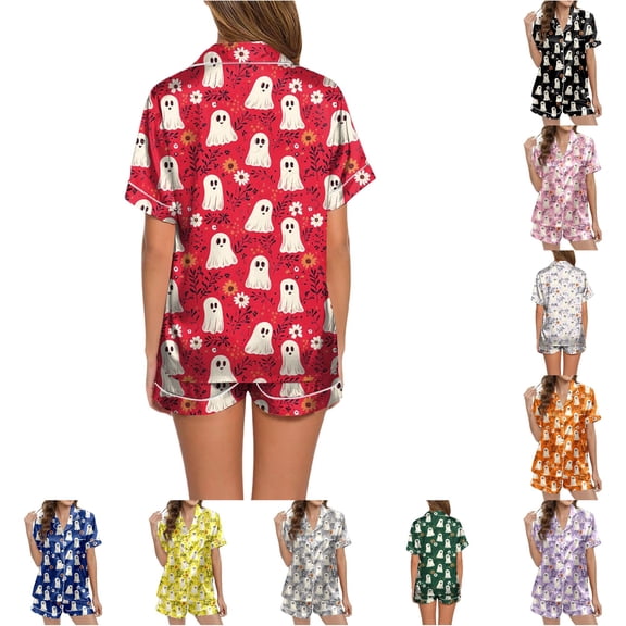 Halloween Silk Pajamas Women Halloween Printed Short Pajama Set Two Piece Button Down Sleepwear Loungewear for Autumn Summer Red S