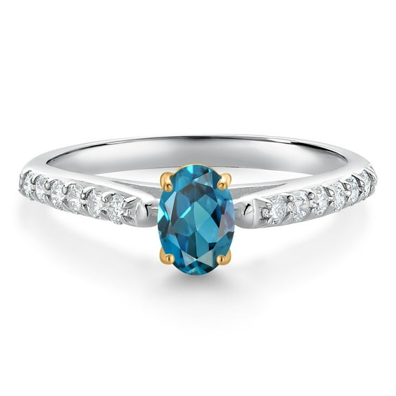 Gem Stone King 925 Sterling Silver and 10K Yellow Gold London Blue Topaz and White Lab Grown Diamond Engagement Ring for Women (0.78 Cttw, Oval 6X4MM, Gemstone November Birthstone, Size 6)
