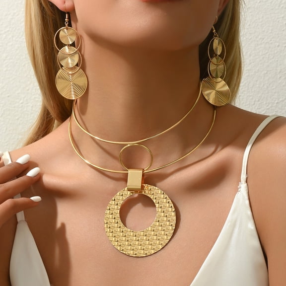African Jewelry Sets for Women - Gold Bib Choker Collars Cuff Bracelet Geometric Earrings Necklace Set Punk Stylish Jewelry for Women