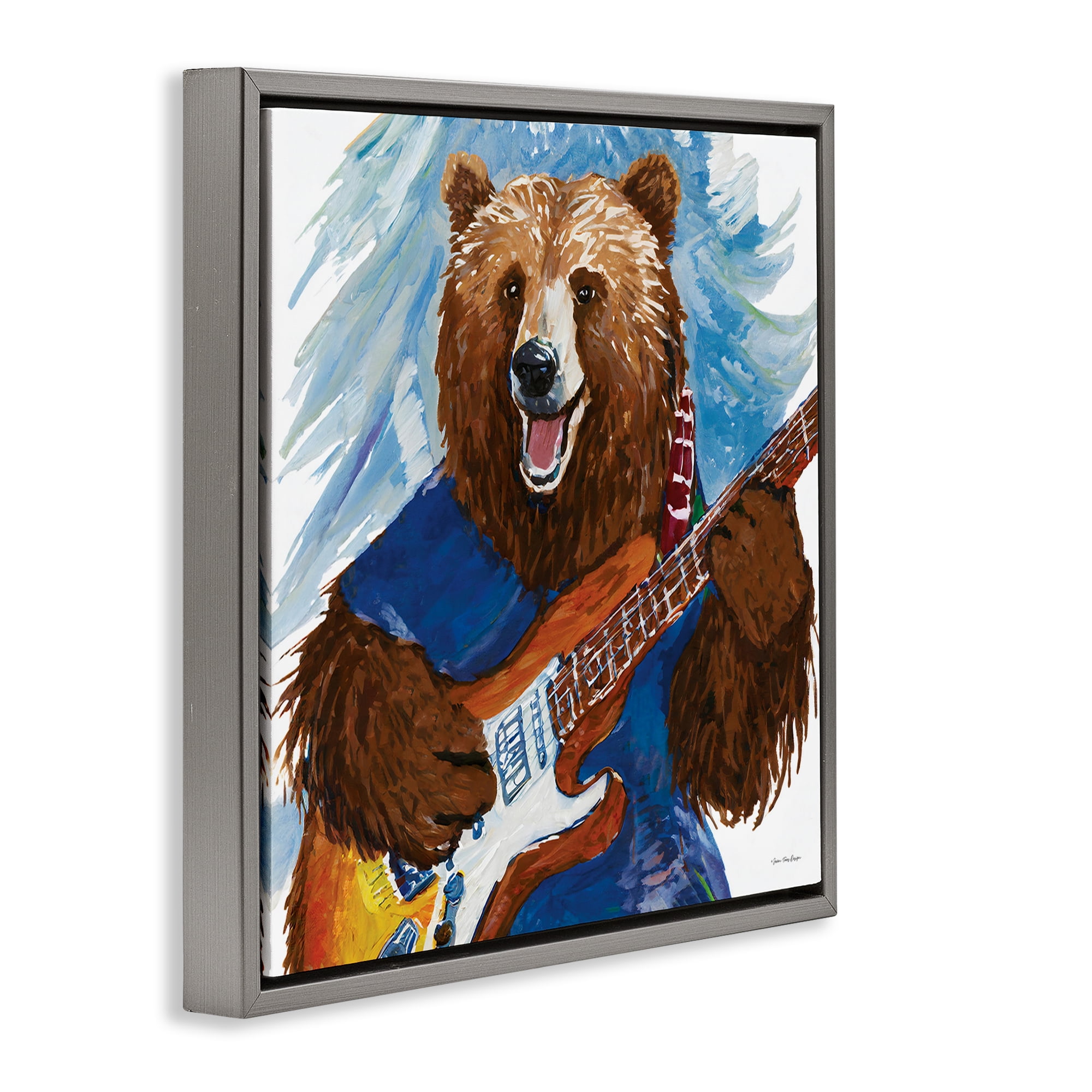 Stupell Industries Bear Playing Guitar Entertainment Painting Gray Floater Framed Canvas Art Print Wall Art, 18 x 18