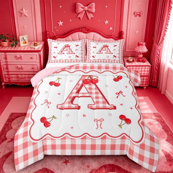 Catabedysis Cherry ABC Print A Full Size Comforter Sets For Girls,Personalized Monogrammed Gifts Bedding Comforter Set,Pink Reversible,3-Piece,1 Comforter and 2 Pillowcases